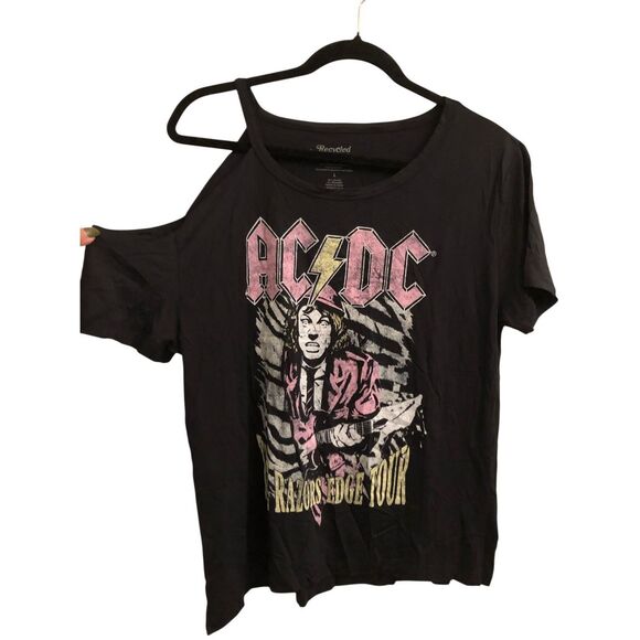 Recycled Karma AC/DC Band T-shirt size L Asymmetrical cold shoulder rock - Picture 3 of 7